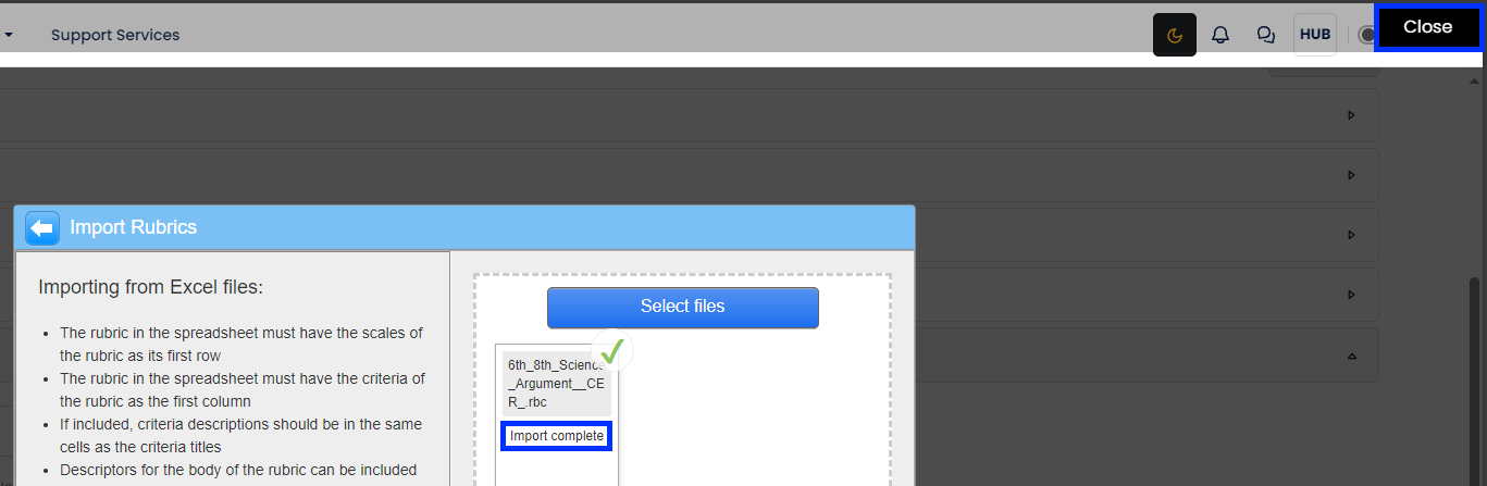 Turnitin - Rubric Manager - Import Complete - Close Button